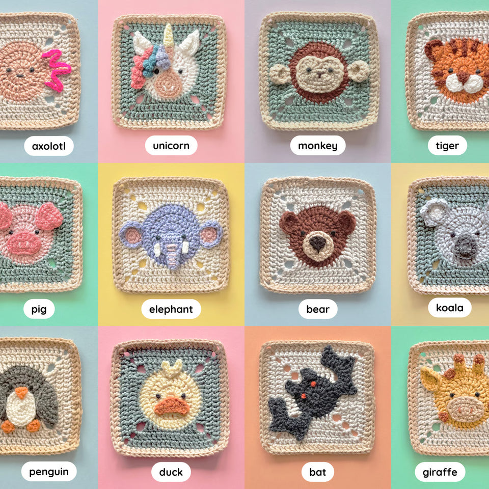 Animal Granny Square Patterns (bundle of 24, incl. video)